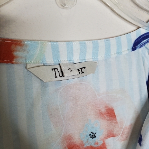 Tucker Blue V Neck Striped Floral Print Silk Tie Neck Party Blouse Top - Picture 10 of 11